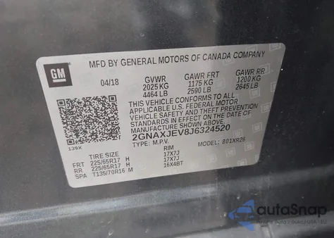 2018 Chevrolet Equinox Lt z USA, uszkodzony, nr VIN 2GNAXJEV8J6324520